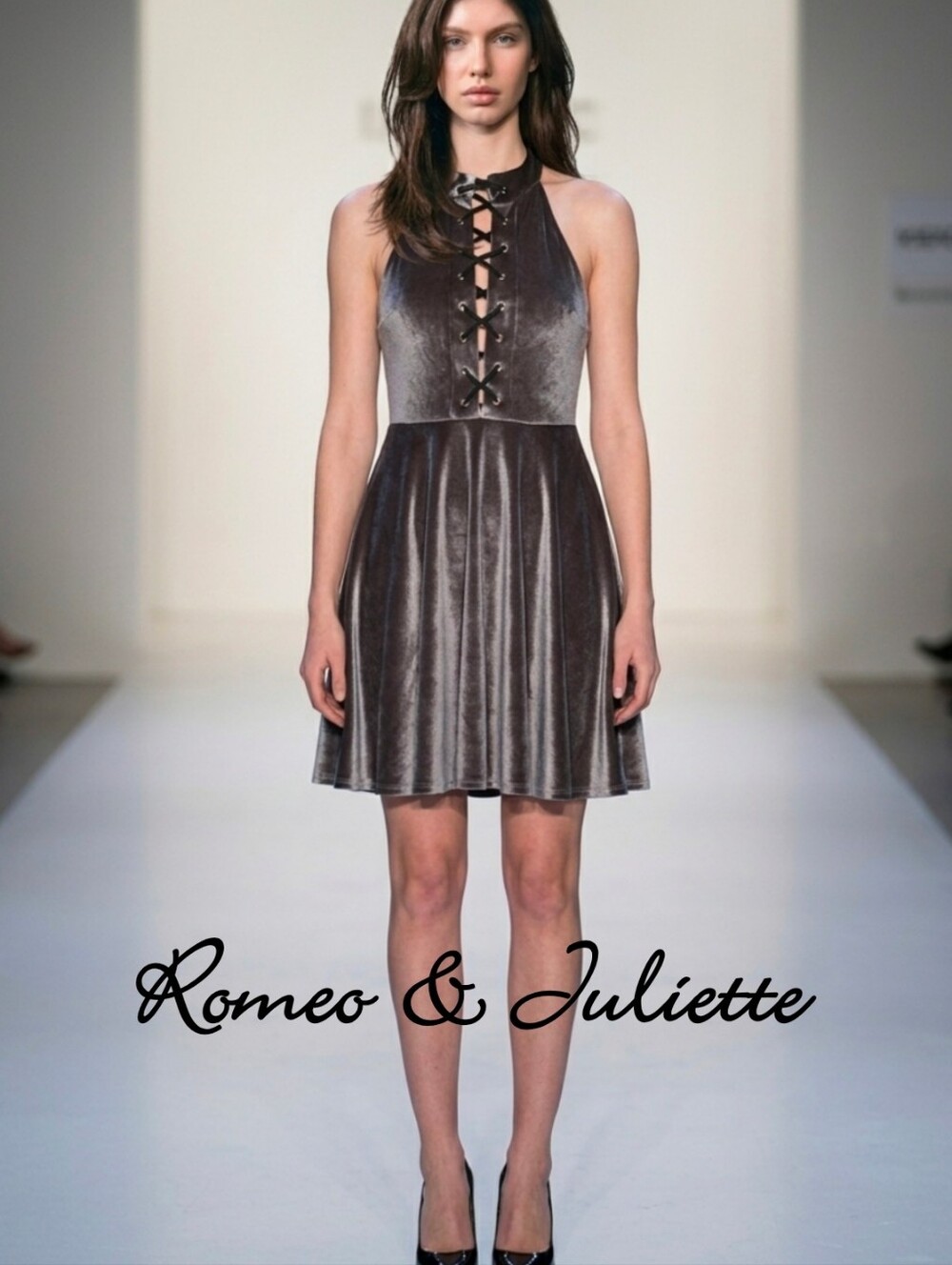 Romeo & Juliet open back metallic- lace up halter formal dress